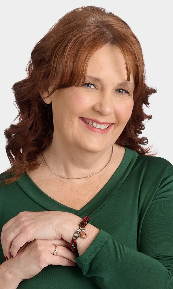 Model wearing chainmaille bracelet